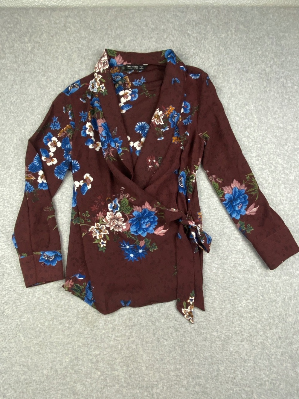 Zara Burgundy Floral Wrap Blouse Size S